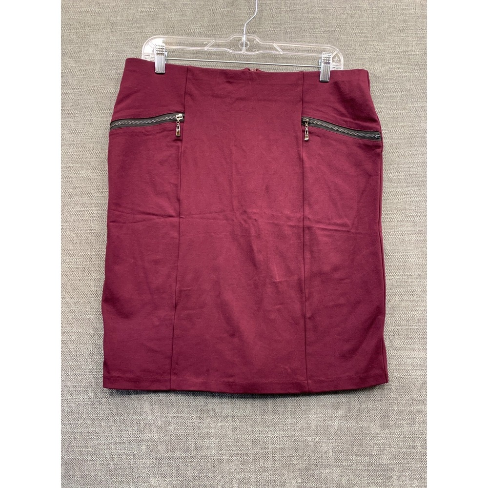 D. Jeans Pencil Skirt Womens 14 Burgundy Rayon Stretch Pockets Back Slit Zip Fly